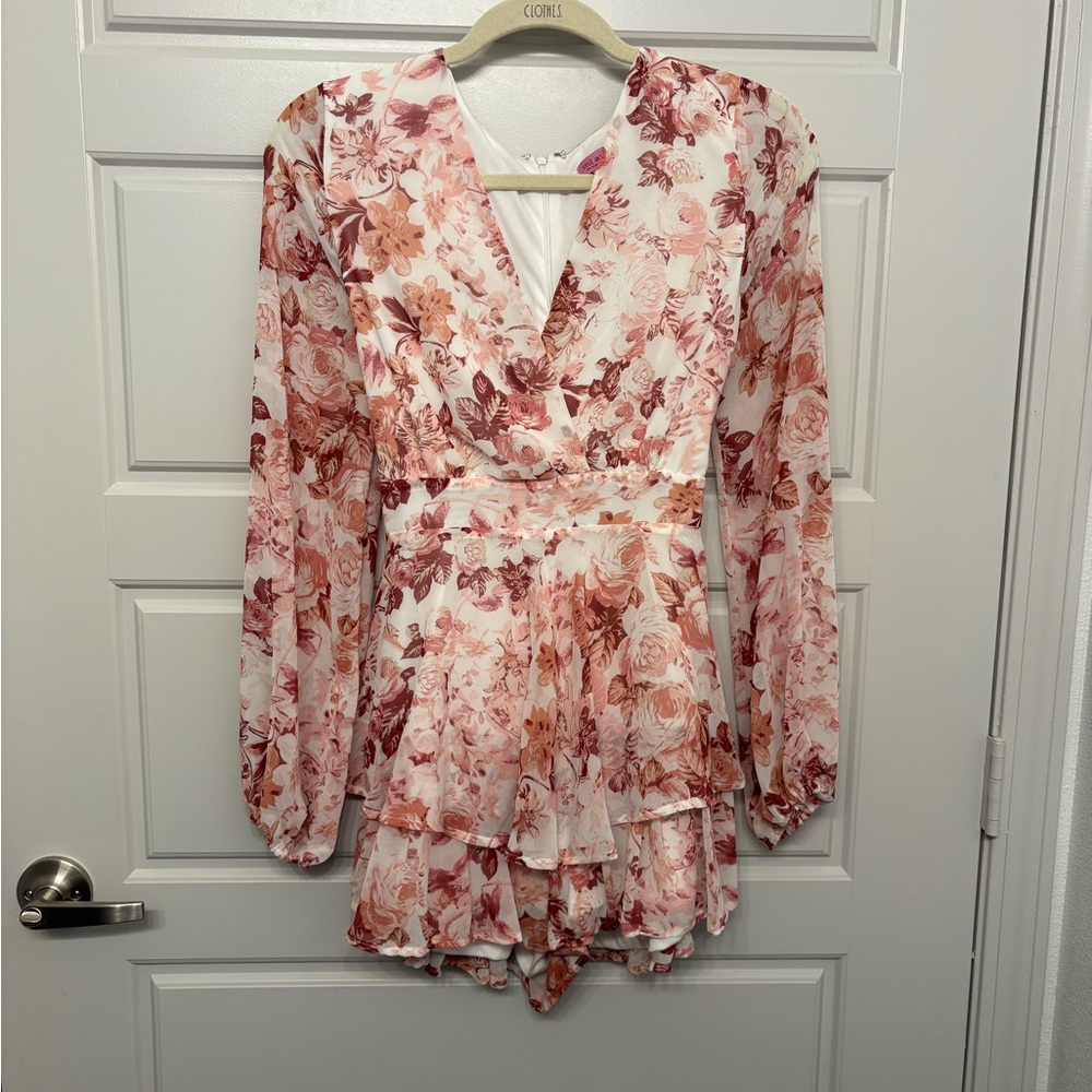Francesca's Collections Floral Long Sleeve Dress - Pink and White